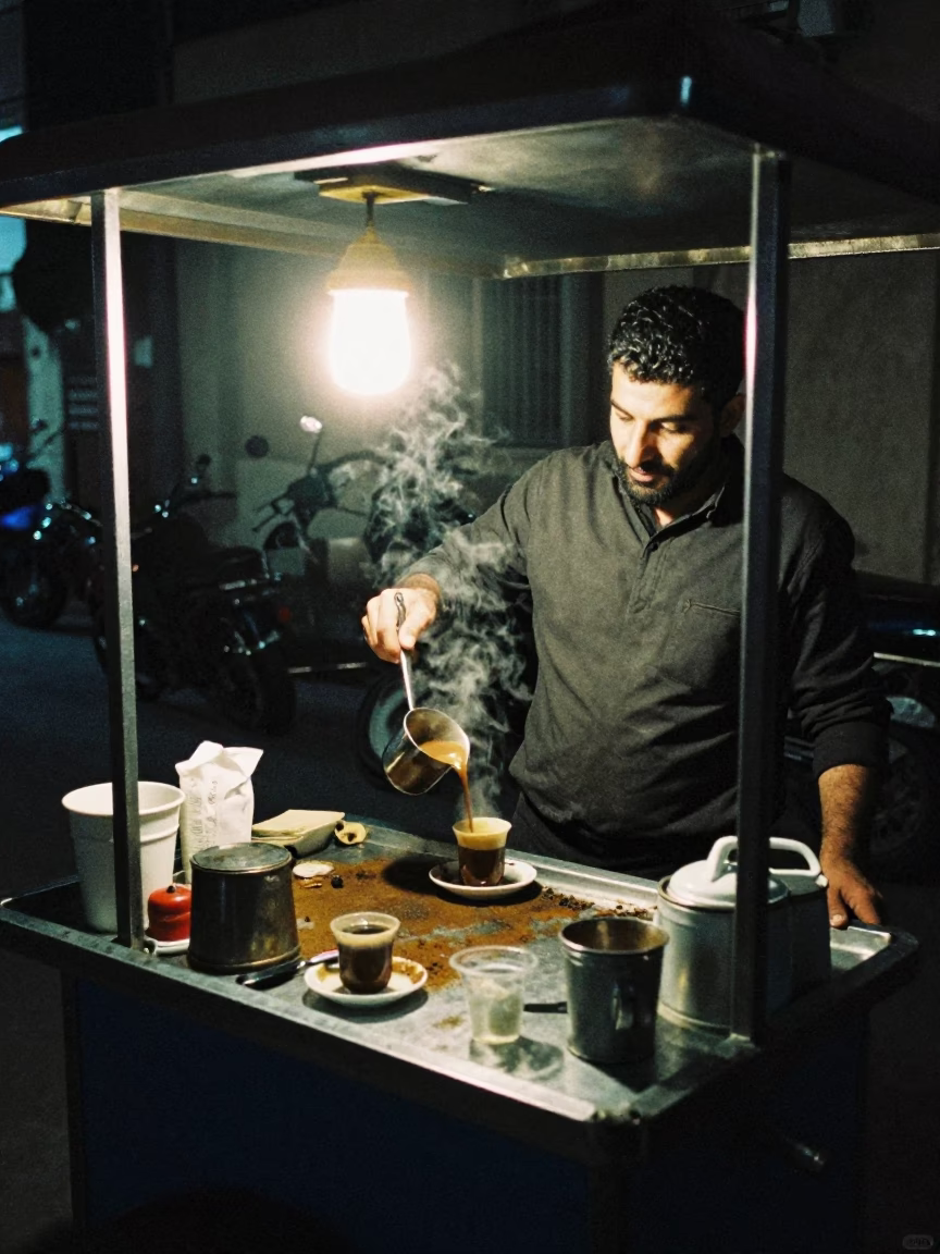 Late Night Street Vendor in Alexandria Egypt Serving Turkish Coffee with Foam in in Alexandria, Egypt