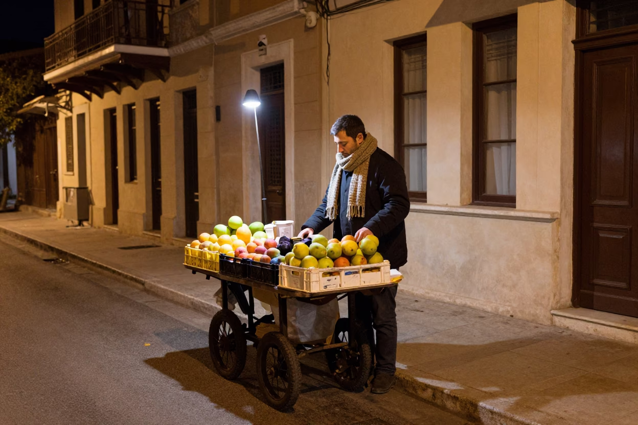Late Night Street Vendor in Athens Greece with Fruit Crate and Basket in in Athens, Greece
