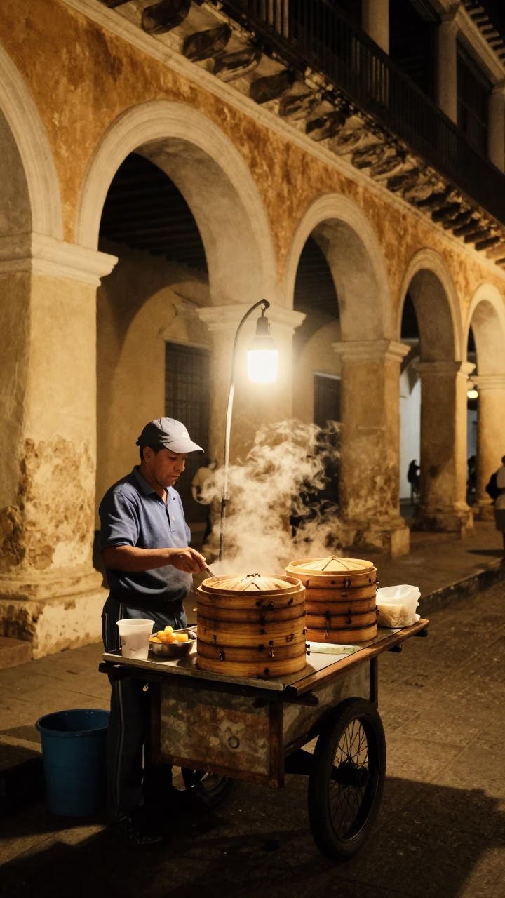 Late Night Street Vendor in Cartagena Colombia with Dim Sum Steamers and Canisters in in Cartagena, Colombia