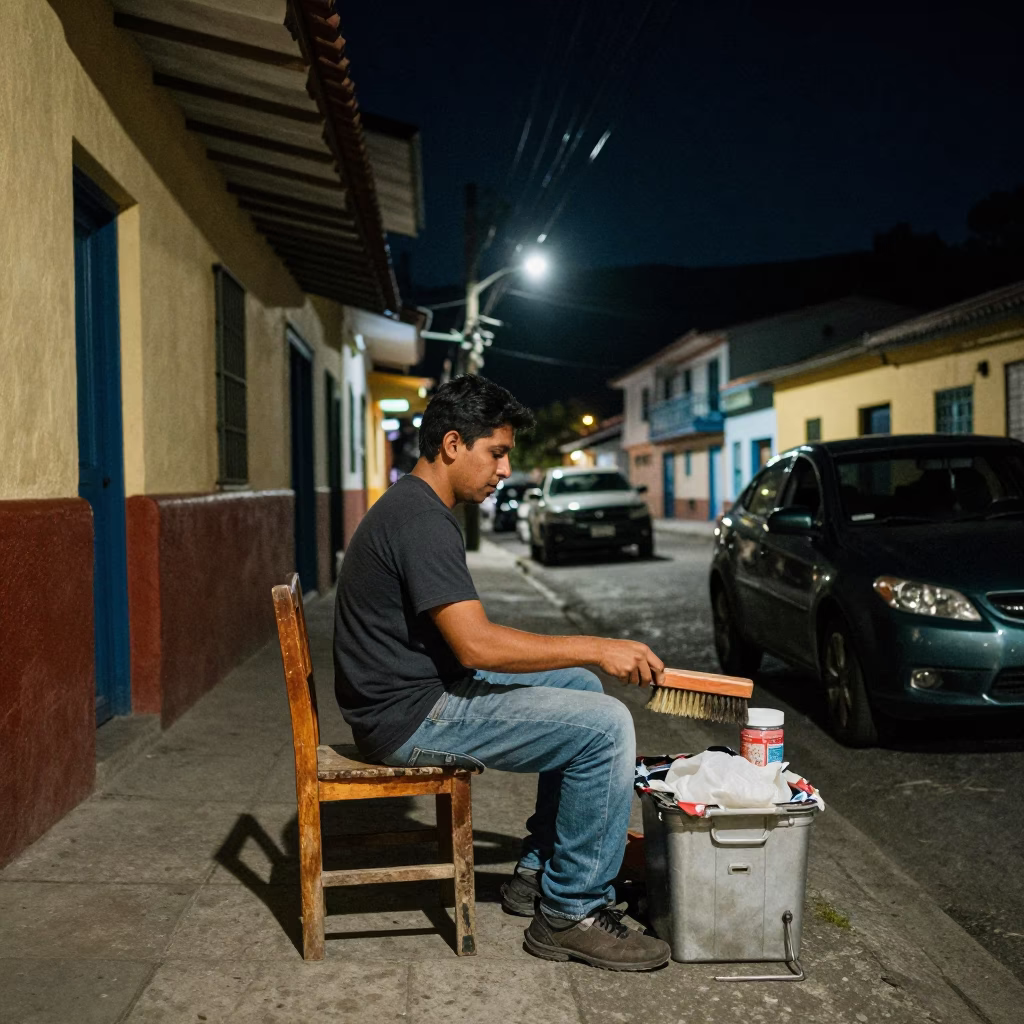 Late Night Street Vendor in Medellin Colombia with Vintage Shoe Brush and Leather Chair in in Medellin, Colombia