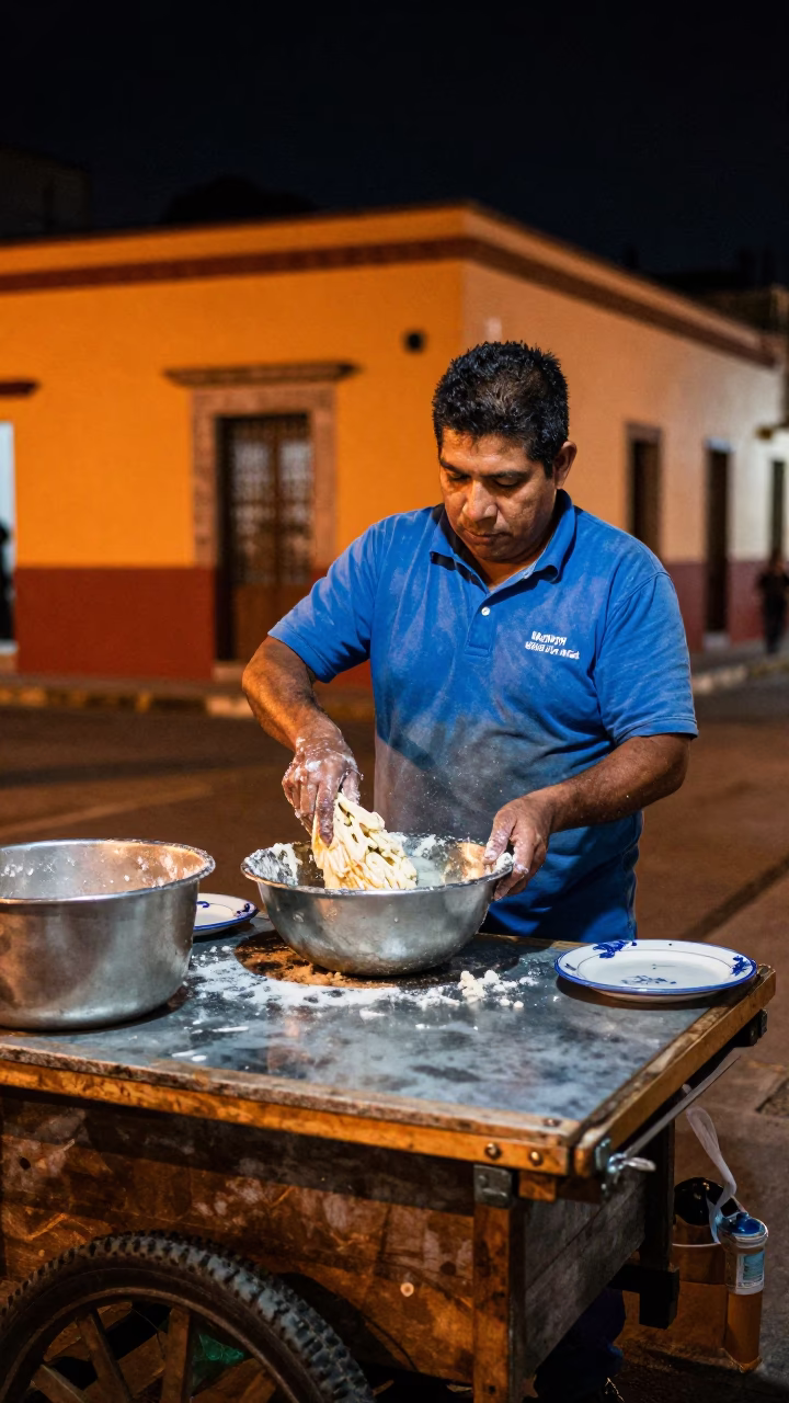 Late Night Street Vendor in Merida Mexico Preparing Food with Mixing Bowls and Wrench in in Merida, Mexico