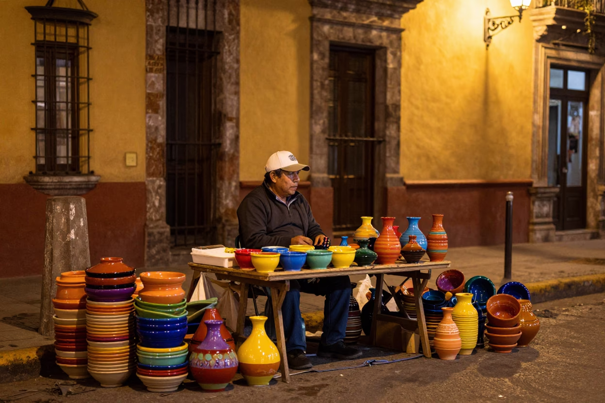 Late Night Street Vendor in Mexico City Selling Colorful Pottery Wares in in Mexico City, Mexico