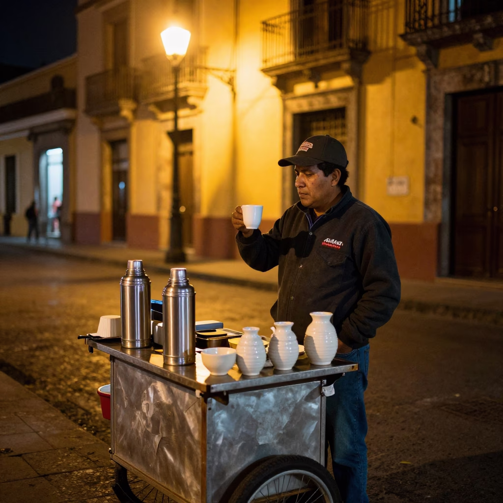 Late Night Street Vendor in Mexico City with Thermos and Ceramic Cup in in Mexico City, Mexico