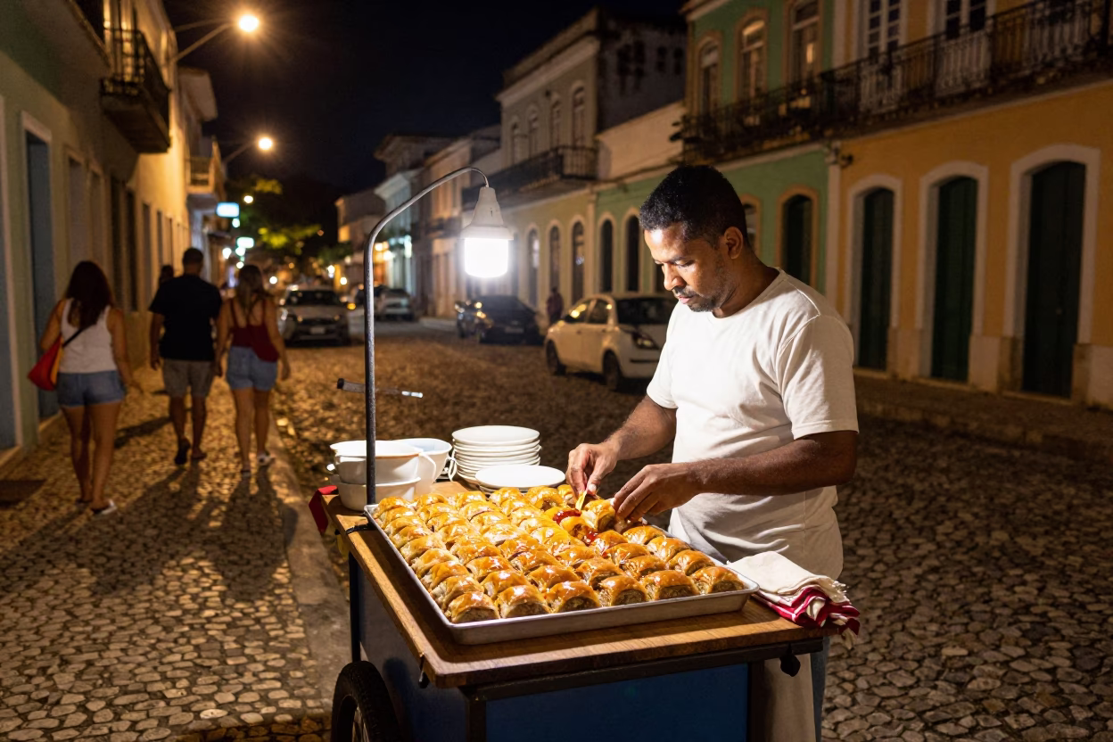 Late Night Street Vendor in Salvador Brazil with Handkerchief and Tray of Baklava in in Salvador, Brazil