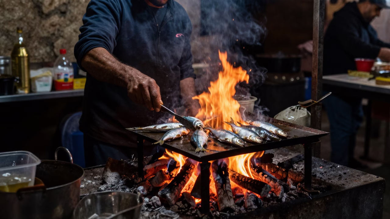 Late Night Street Vendor in Tunis Tunisia Preparing Sardines Over Charcoal in in Tunis, Tunisia