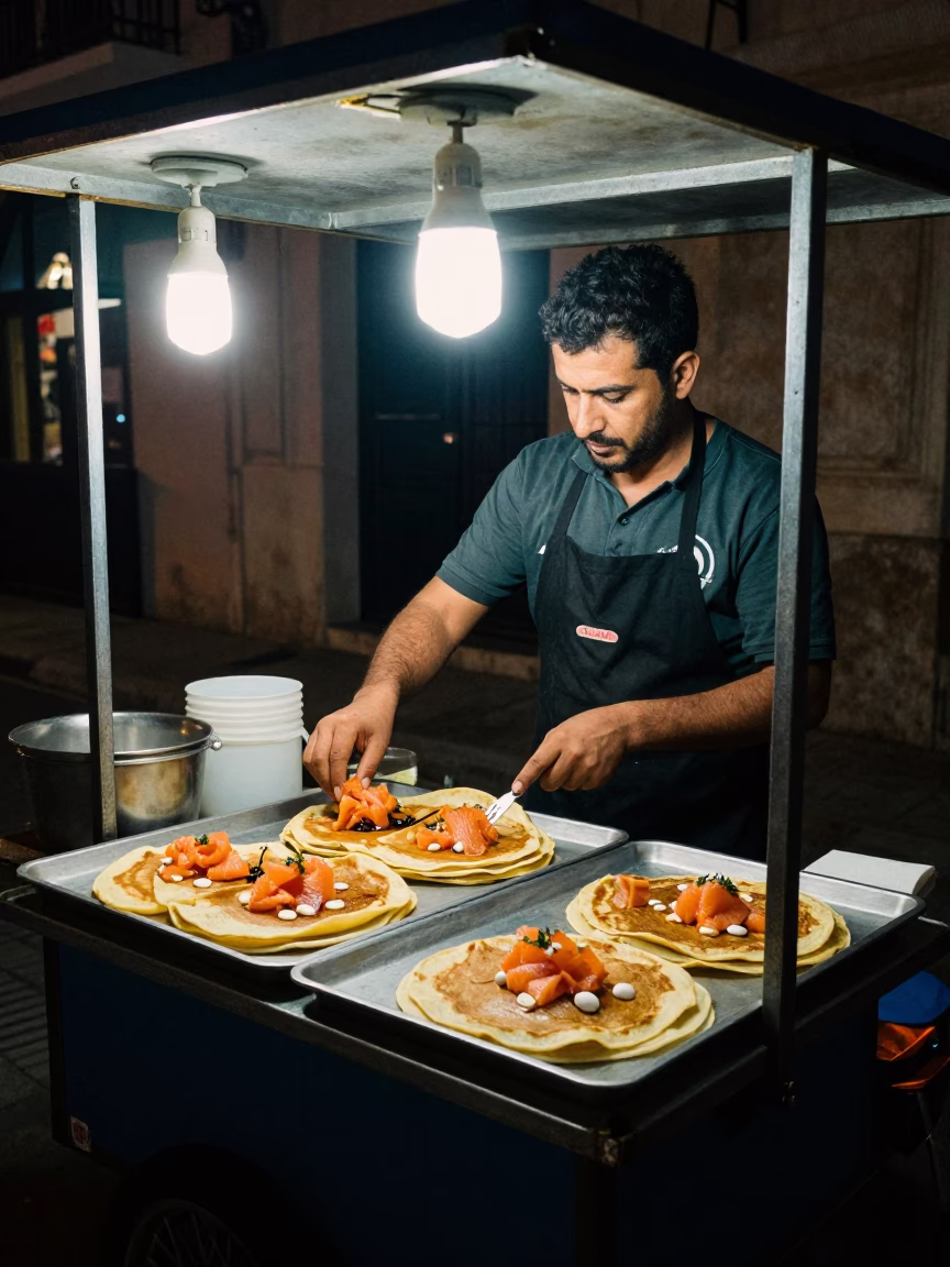 Late Night Street Vendor in Tunis Tunisia Serving Blini with Smoked Salmon and Dill in in Tunis, Tunisia