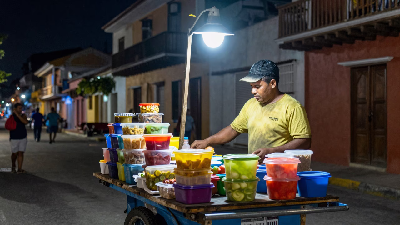 Late Night Street Vendor Scene in Cartagena Colombia with Colorful Food Display in in Cartagena, Colombia