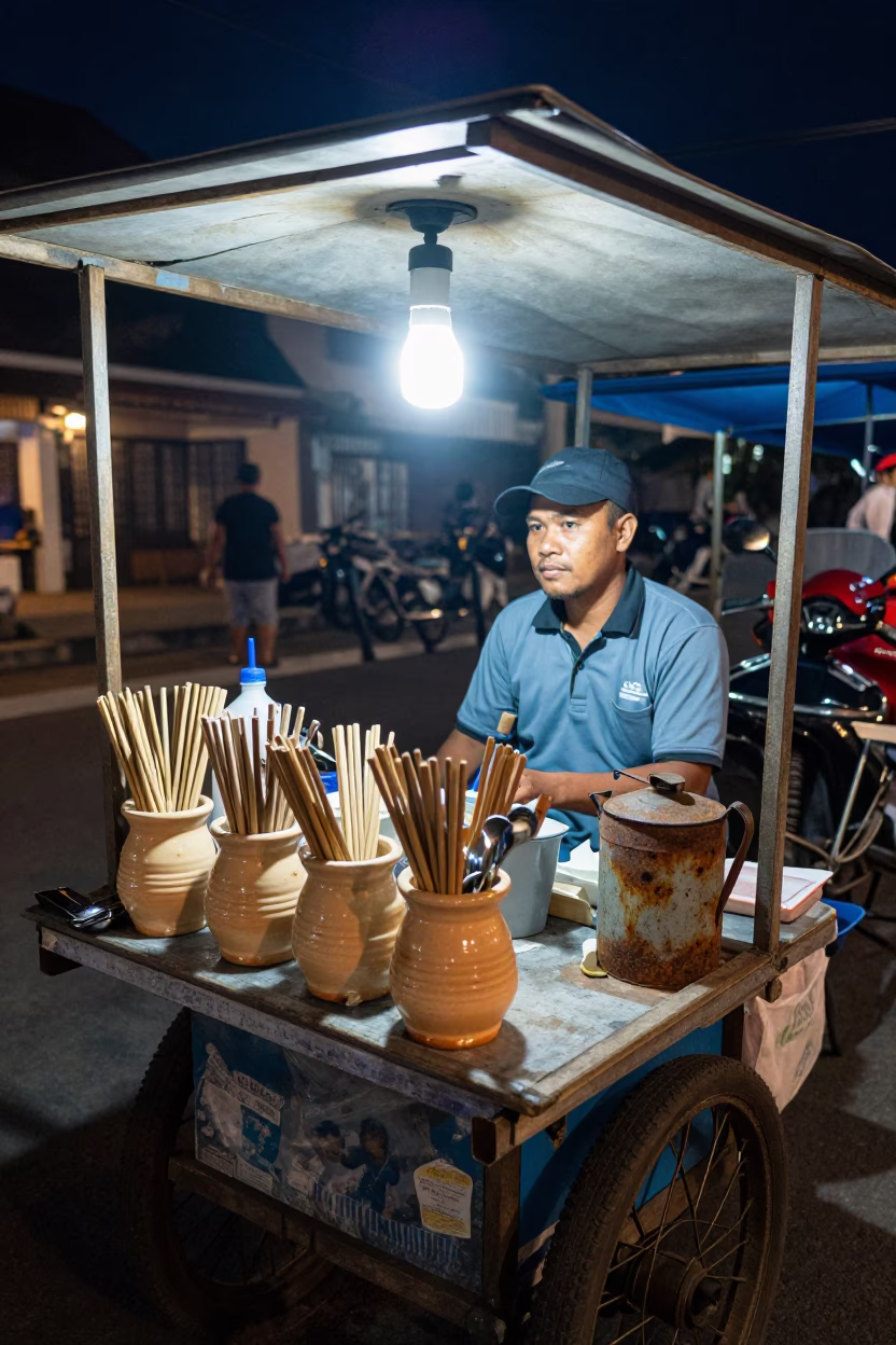 Late Night Street Vendor Scene in Denpasar Indonesia with Utensil Crocks and Tea Canister in in Denpasar, Indonesia