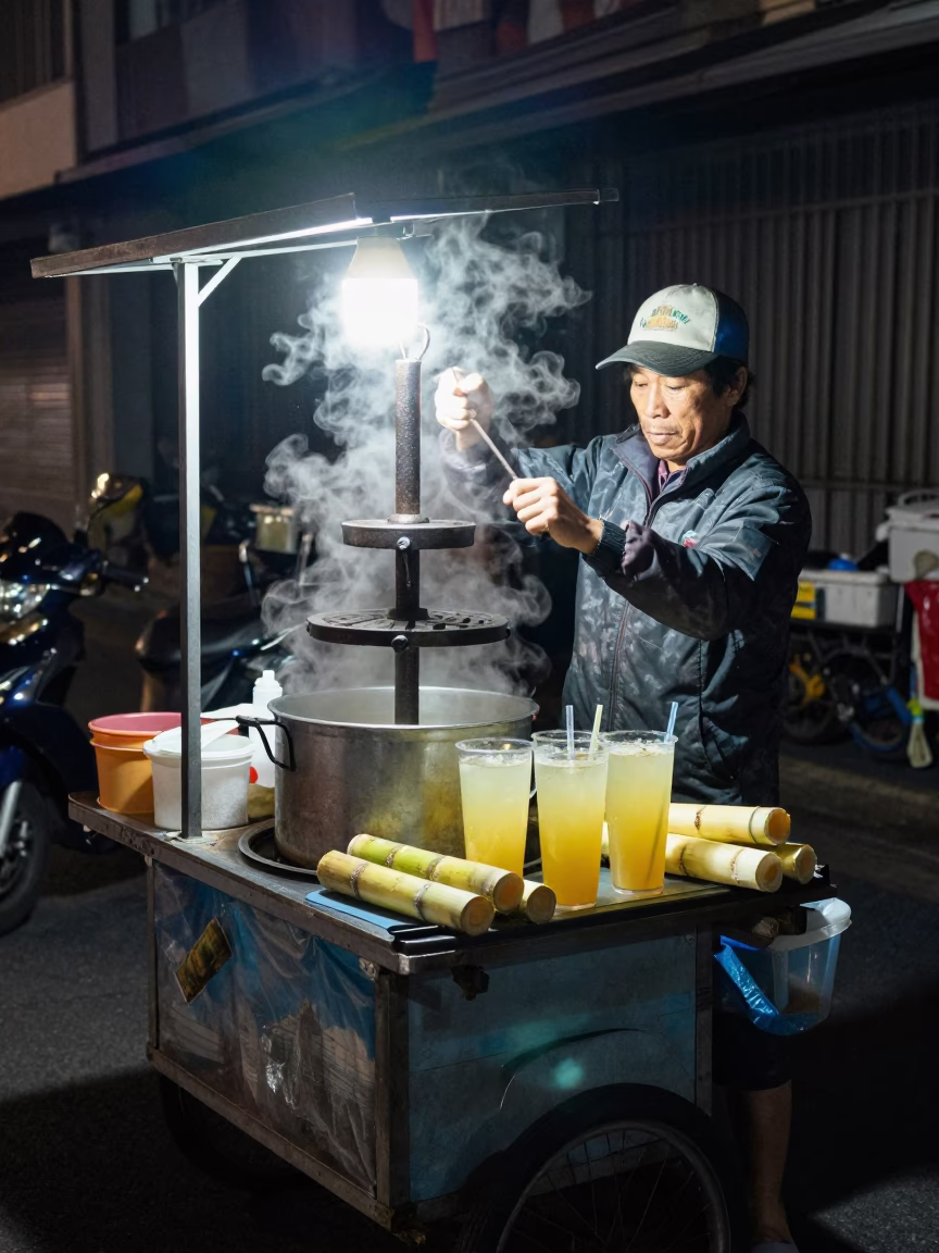 Late Night Street Vendor Selling Fresh Sugarcane Juice in Tainan Taiwan in in Tainan, Taiwan