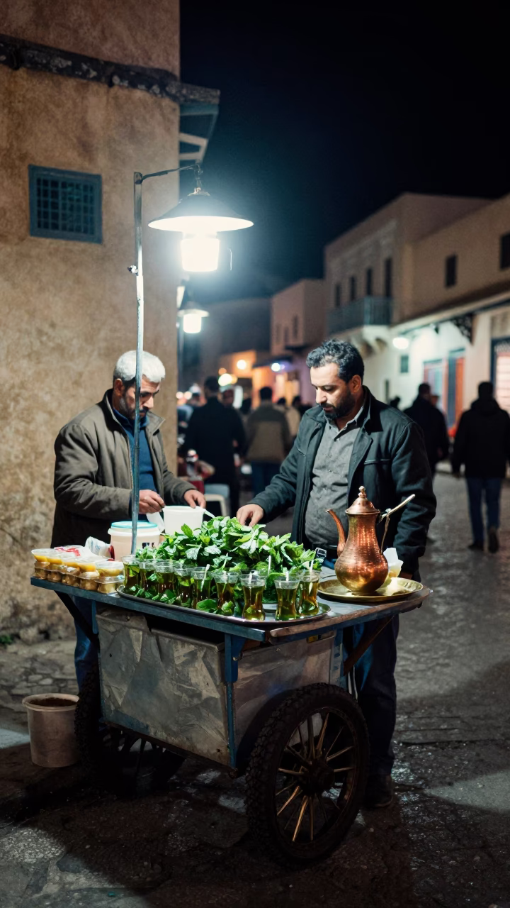 Late Night Street Vendor Selling Mint Tea and Pastries in Tunis Medina in in Tunis, Tunisia