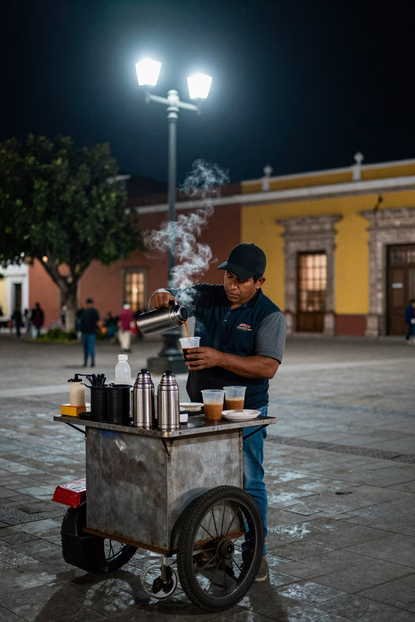 Late Night Street Vendor Serving Coffee in Merida Mexico Plaza in in Merida, Mexico