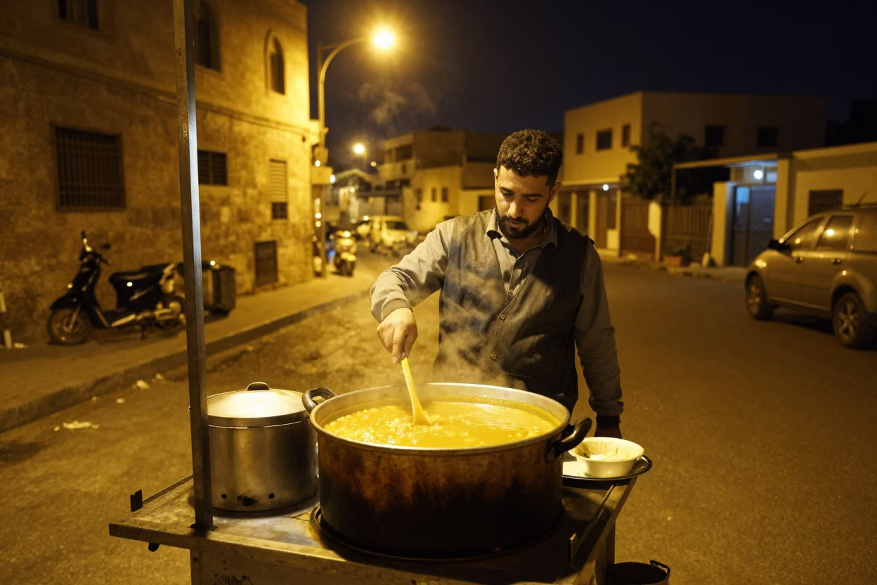 Late Night Street Vendor Serving Hot Avgolemono Soup in Alexandria Egypt in in Alexandria, Egypt