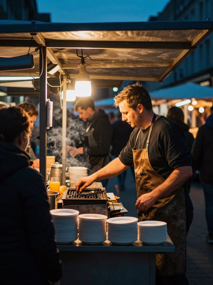 Late Night Street Vendor Stall in Berlin Under Mixed City Light in in Berlin, Germany