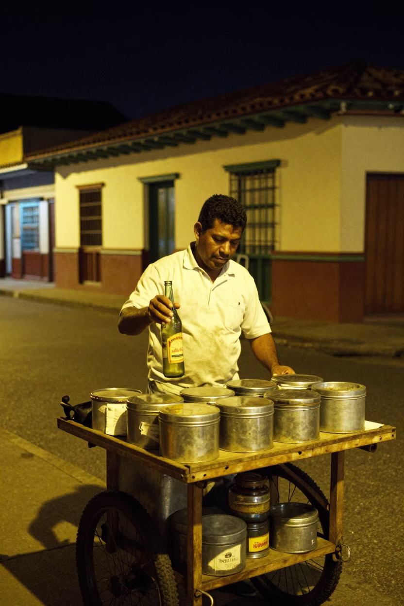 Late night street vendor with vintage bottle and metal tins in Medellin in in Medellin, Colombia