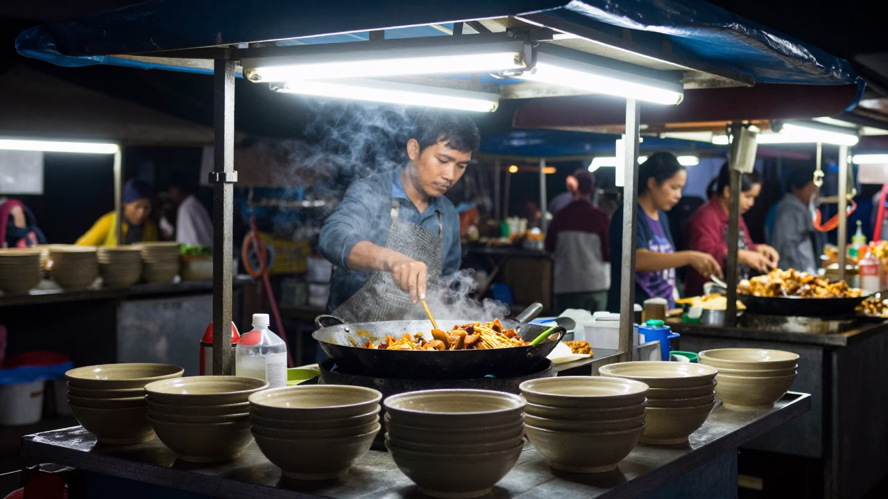Late Night Surabaya Street Food Stall with Ceramic Bowls and Neon Lights in in Surabaya, Indonesia