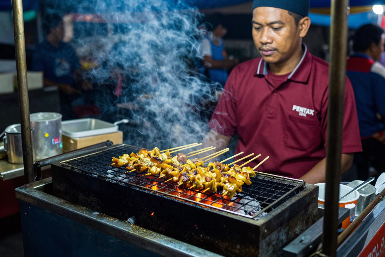Late Night Surabaya Street Food Vendor Grilling Sate Skewers Over Charcoal Flames in in Surabaya, Indonesia