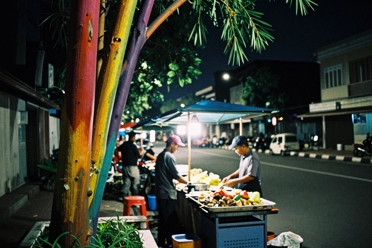 Late Night Surabaya Street Scene with Colorful Eucalyptus and Local Commerce in in Surabaya, Indonesia