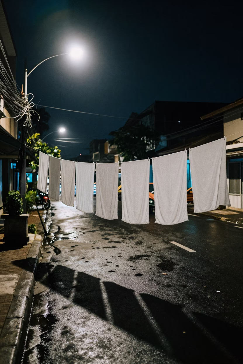 Late Night Surabaya Street Scene with Drying Towels and Urban Infrastructure in in Surabaya, Indonesia