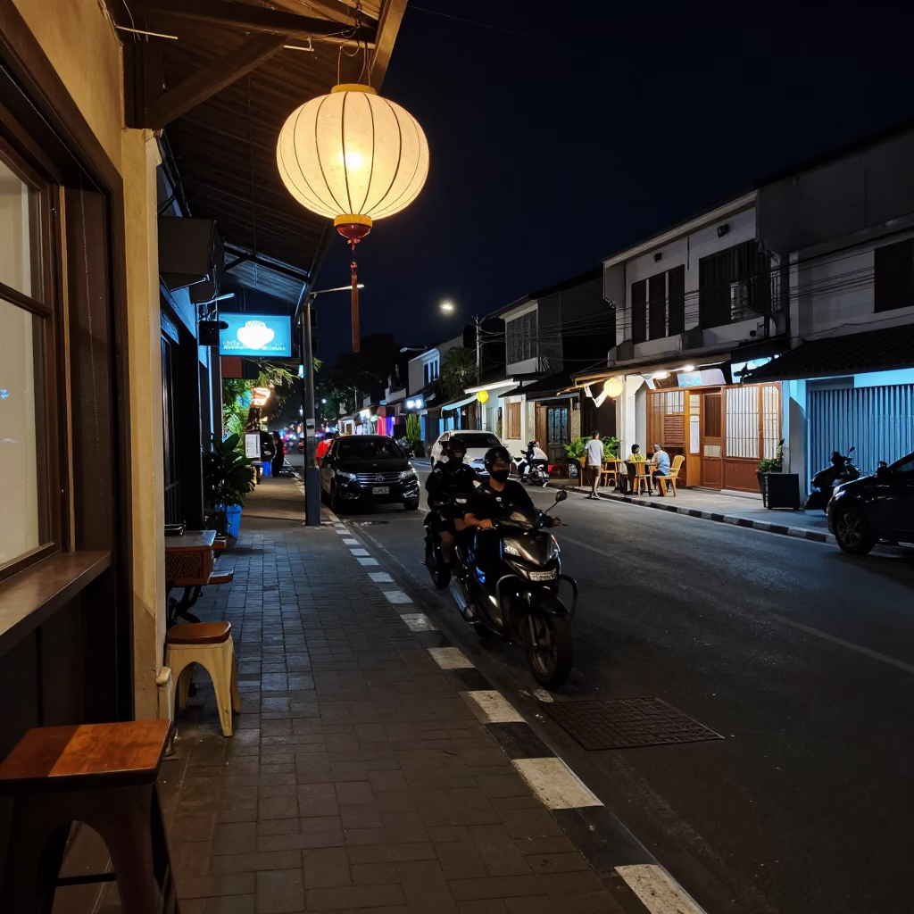 Late Night Surabaya Street Scene with Lantern Light and Vintage 1990s Atmosphere in in Surabaya, Indonesia