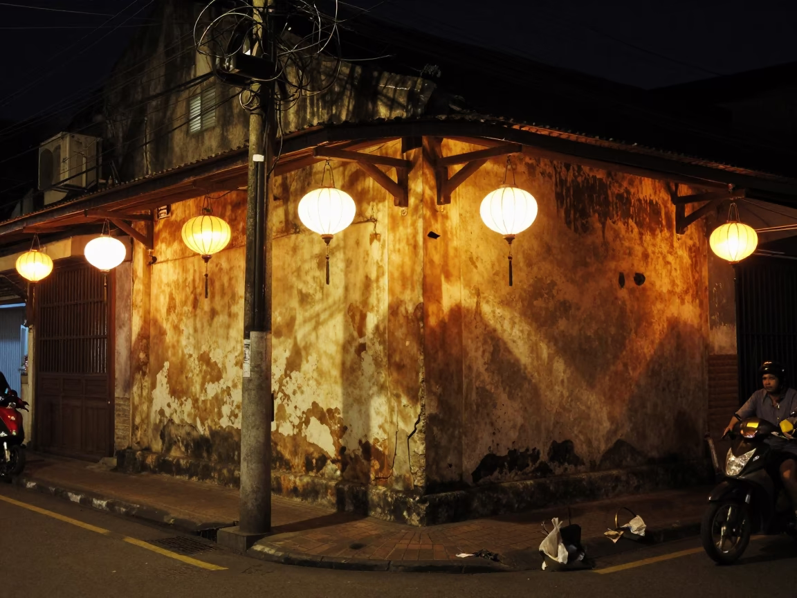 Late Night Surabaya Street Scene with Lanterns and Weathered Walls in in Surabaya, Indonesia