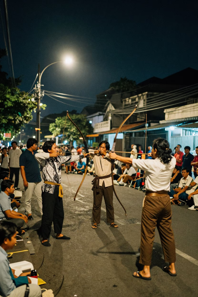 Late Night Surabaya Street Scene with Traditional Archery Contest and Cat in in Surabaya, Indonesia