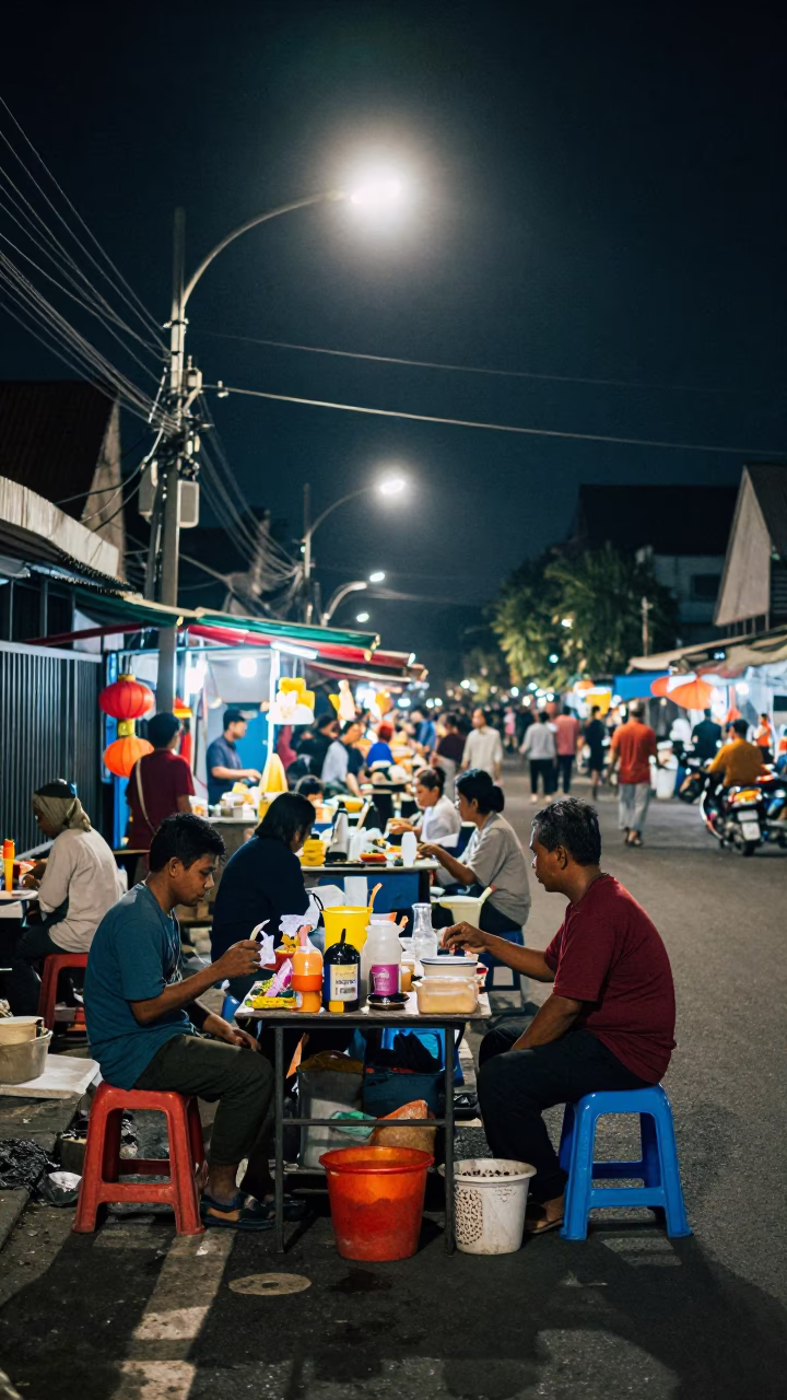 Late Night Surabaya Street Scene with Vendor and Traditional Calligraphy Demonstration in in Surabaya, Indonesia