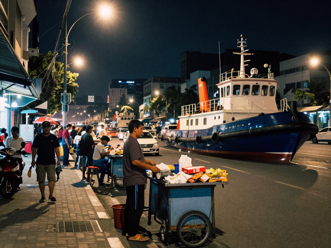 Late Night Surabaya Street Scene with Vendor and Tugboat in Background in in Surabaya, Indonesia