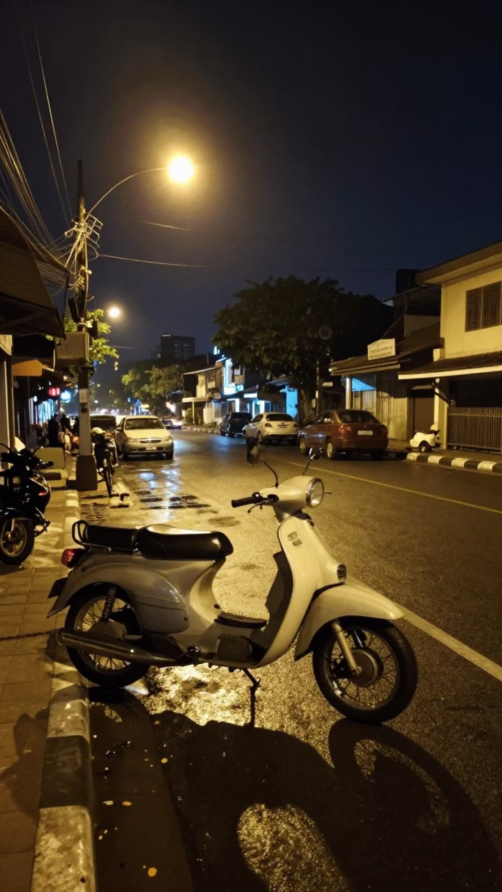 Late Night Surabaya Street Scene with Vintage Motorbike and Local Food Stall in in Surabaya, Indonesia