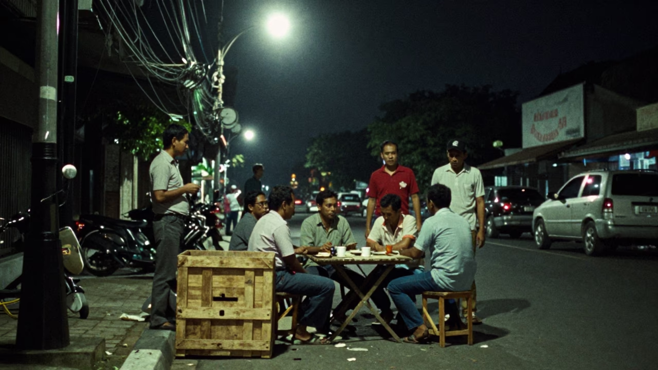 Late Night Surabaya Street Scene with Wooden Crate and Domino Game in in Surabaya, Indonesia