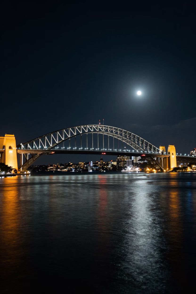Late Night Sydney Harbor Bridge Illumination with Moonlit Water and City Reflections in in Sydney, New South Wales, Australia
