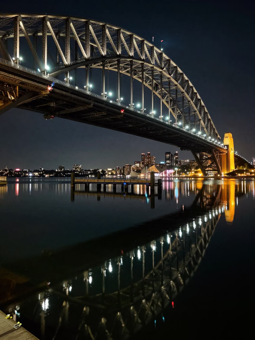 Late Night Sydney Harbor Bridge Pier Reflections in Mirror-Still Water in in Sydney, New South Wales, Australia