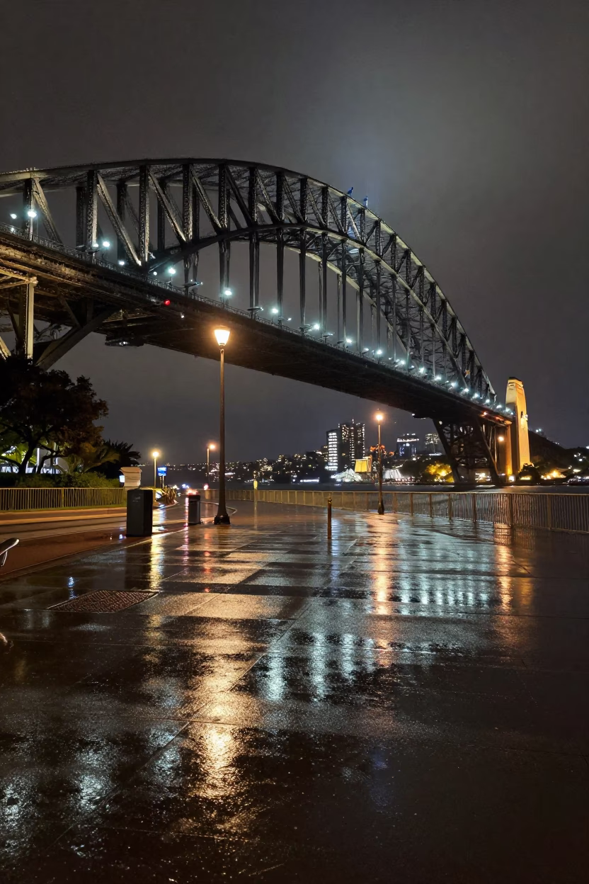 Late Night Sydney Harbour Bridge and Circular Quay Rain Reflections in in Sydney, New South Wales, Australia