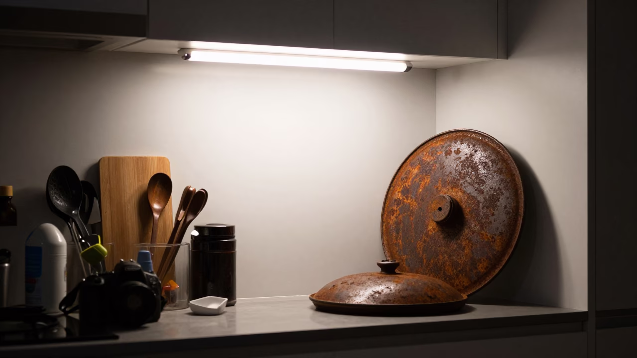 Late Night Sydney Kitchen Counter with Rusty Pot Lid and Condensation in in Sydney, New South Wales, Australia