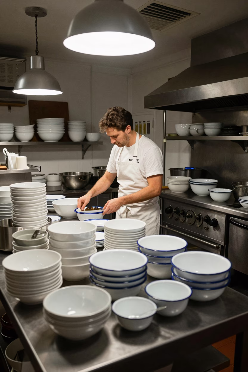 Late Night Sydney Kitchen with Baker and Enamel Bowls in in Sydney, New South Wales, Australia