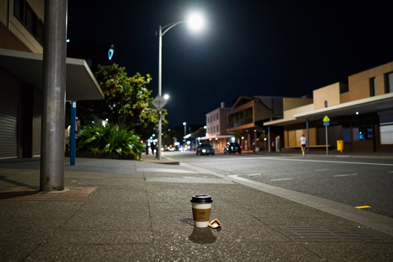 Late Night Sydney Street Corner with Coffee Cup and Origami Crane Reflection in in Sydney, New South Wales, Australia