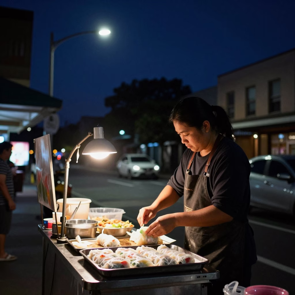 Late Night Sydney Street Food Scene Under Deep Night Sky in in Sydney, New South Wales, Australia