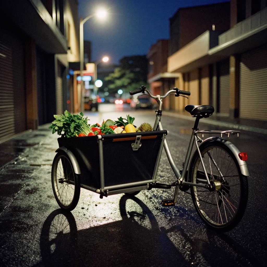 Late Night Sydney Street Scene with Cargo Bicycle and Urban Lighting in in Sydney, New South Wales, Australia