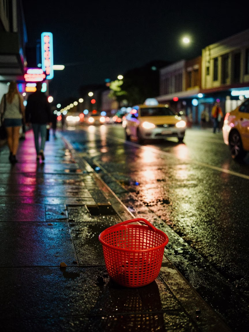 Late Night Sydney Street Scene with Colorful Neon Lights and Urban Details in in Sydney, New South Wales, Australia