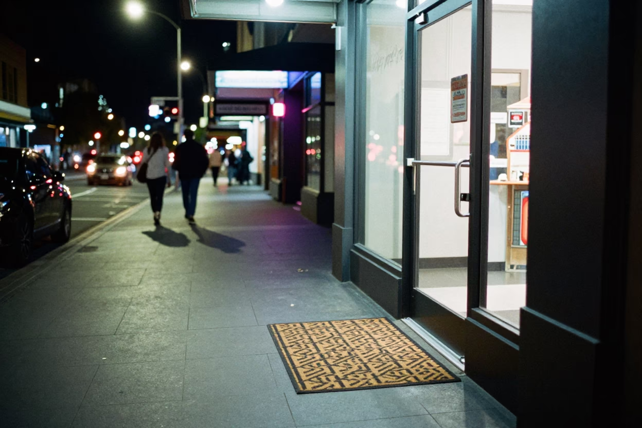 Late Night Sydney Street Scene with Doormat and Neon Reflections in New South Wales in in Sydney, New South Wales, Australia