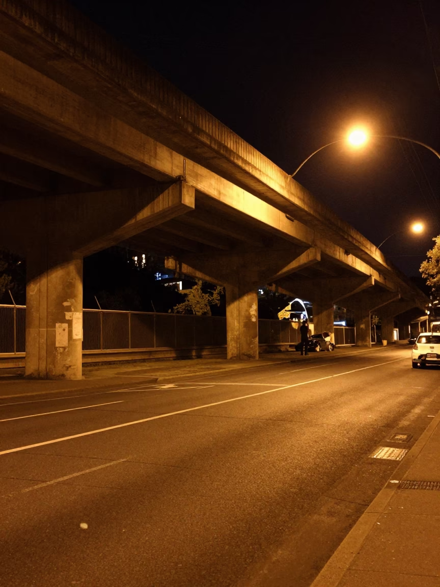 Late Night Sydney Street Scene with Flyover Shadows and Urban Fog in in Sydney, New South Wales, Australia