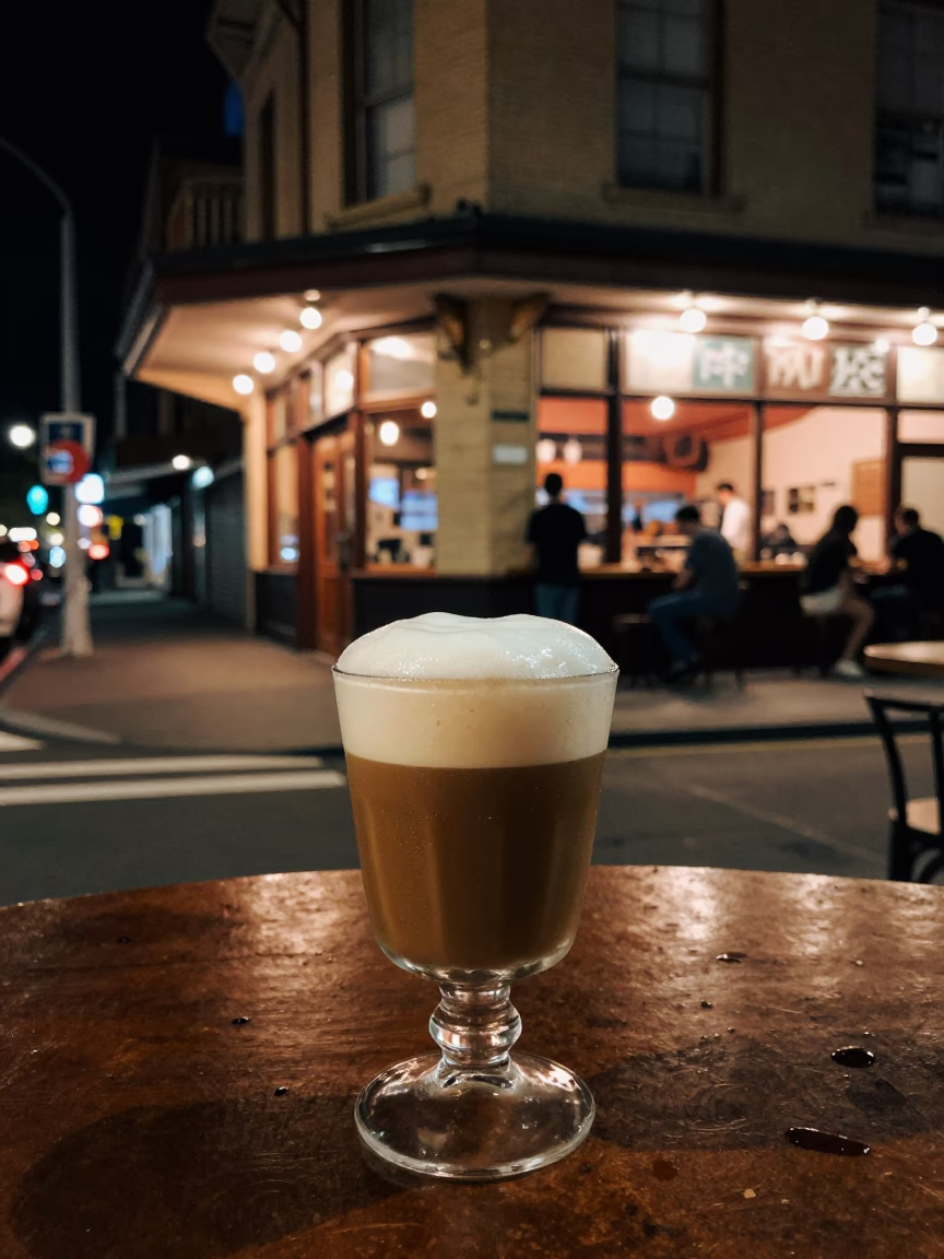 Late Night Sydney Street Scene with Glass of Vietnamese Egg Coffee and Urban Ambience in in Sydney, New South Wales, Australia