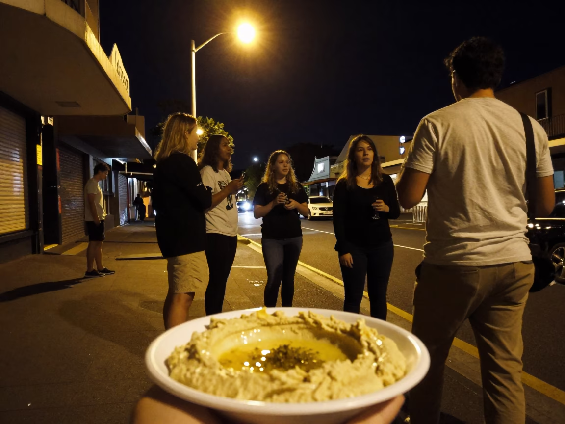 Late Night Sydney Street Scene with Hummus Platter and Rosemary Garnish in in Sydney, New South Wales, Australia