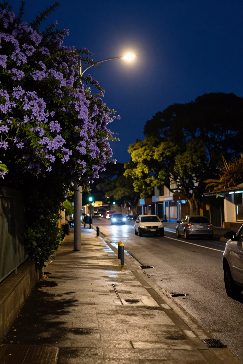 Late Night Sydney Street Scene with Plumbago Hedge and Urban Streetlights in in Sydney, New South Wales, Australia