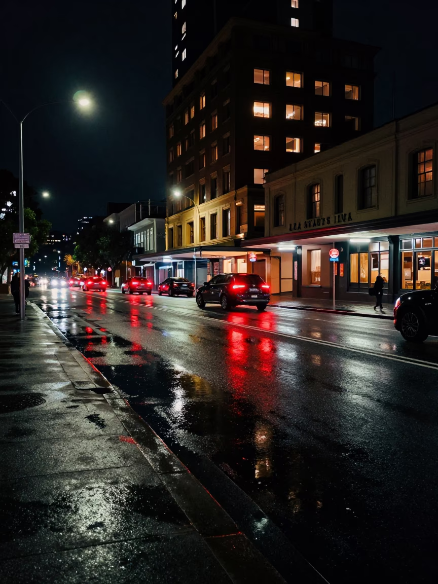 Late Night Sydney Street Scene with Puddle Reflections of Hotel Windows and Tail Lights in in Sydney, New South Wales, Australia