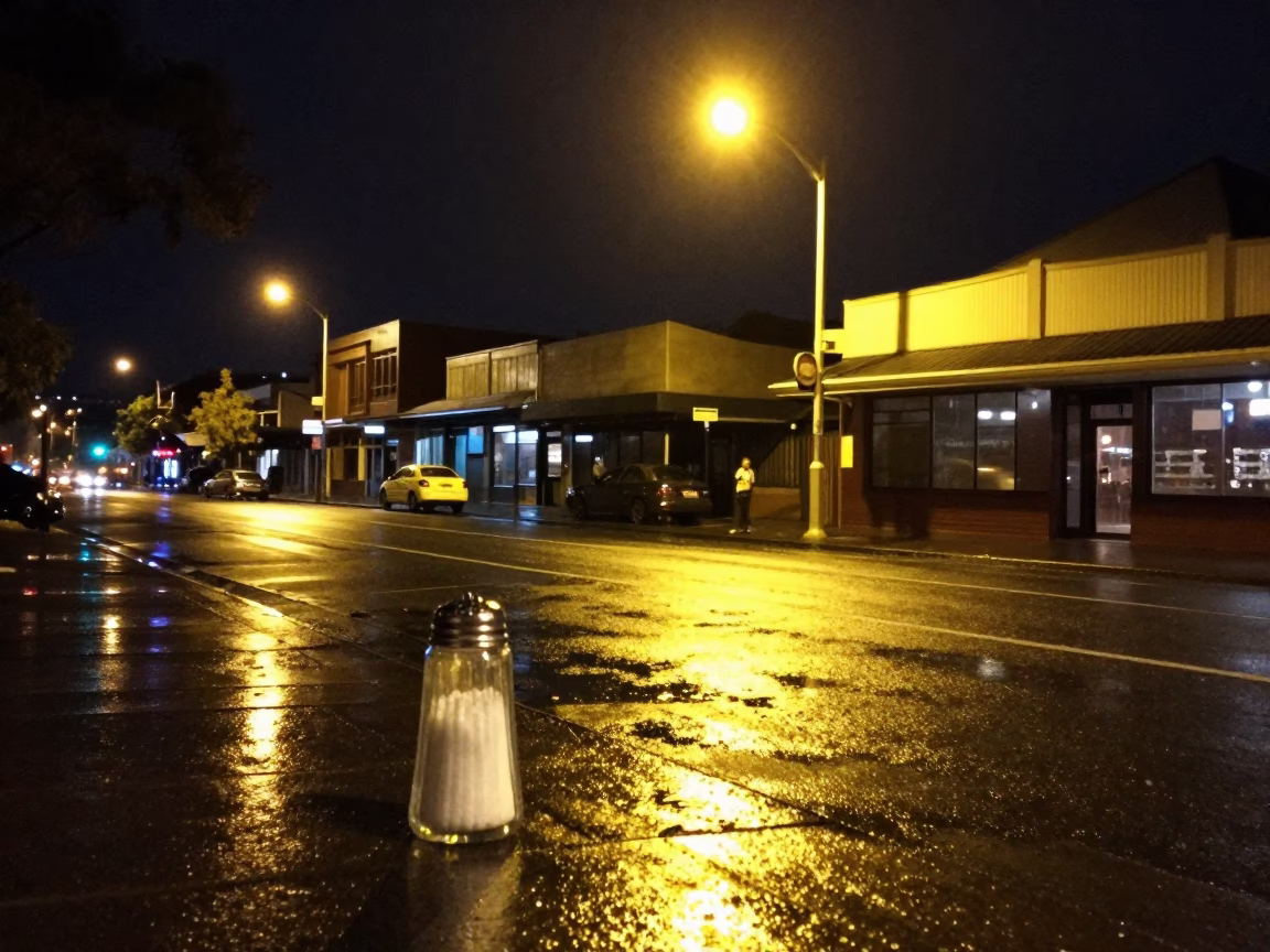 Late Night Sydney Street Scene with Salt Shaker and Sushi Counter in in Sydney, New South Wales, Australia