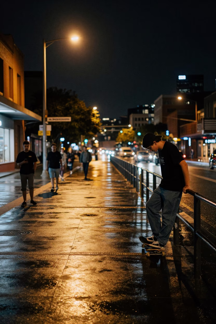Late Night Sydney Street Scene with Skateboarder and Urban Elements in in Sydney, New South Wales, Australia