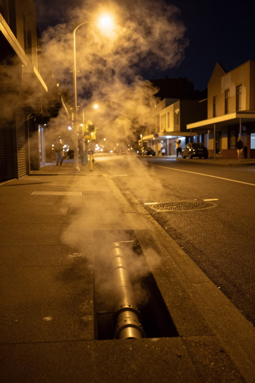 Late Night Sydney Street Scene with Steam and Urban Details in in Sydney, New South Wales, Australia