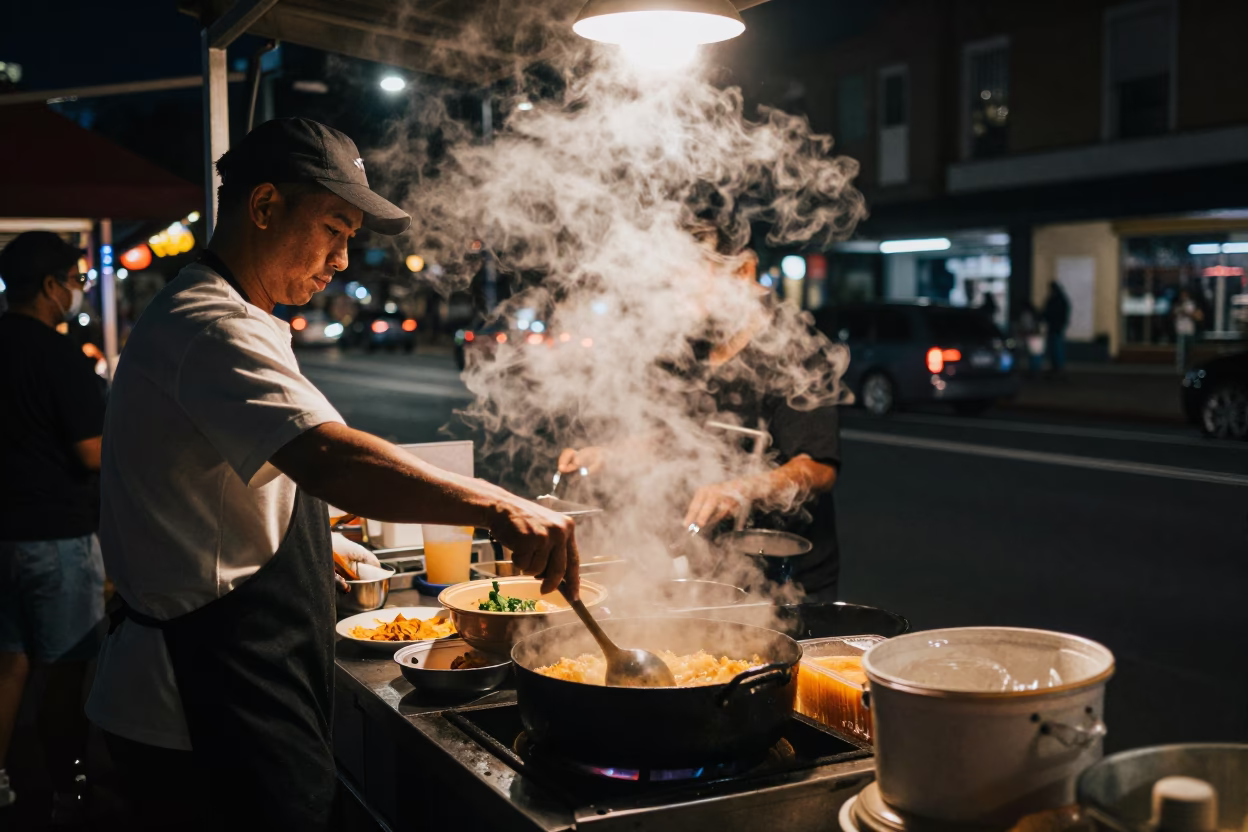 Late Night Sydney Street Scene with Steam Haze Above Saucepan and Casual Dining in in Sydney, New South Wales, Australia