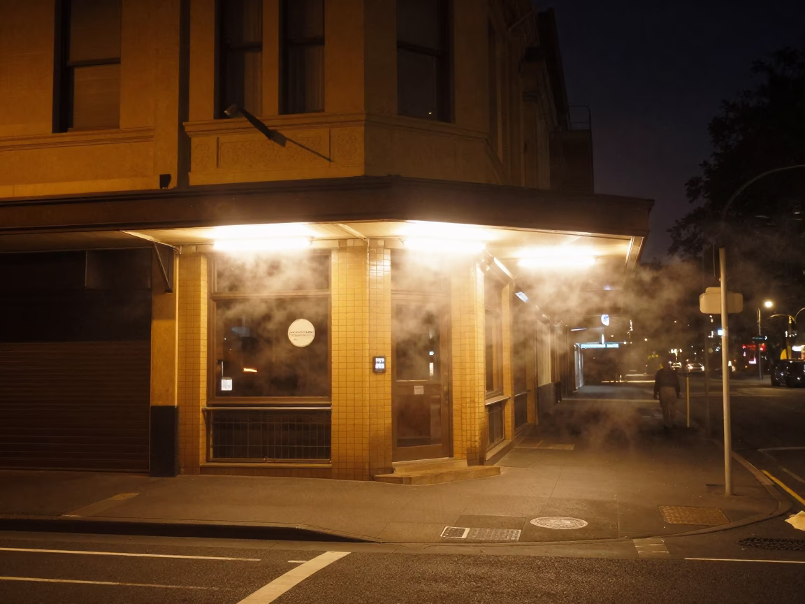 Late Night Sydney Street Scene with Steam Haze and Urban Details in in Sydney, New South Wales, Australia