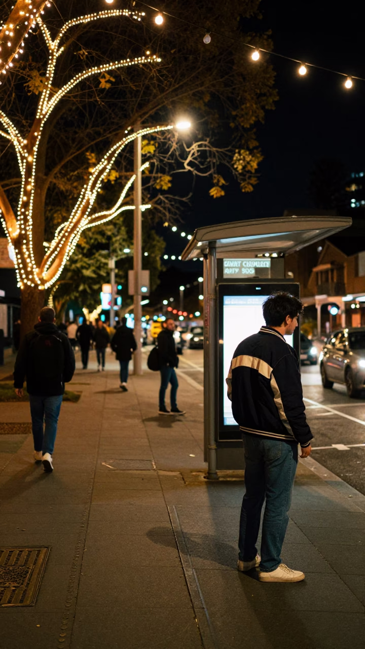 Late Night Sydney Street Scene with String Lights and Clipboard in in Sydney, New South Wales, Australia